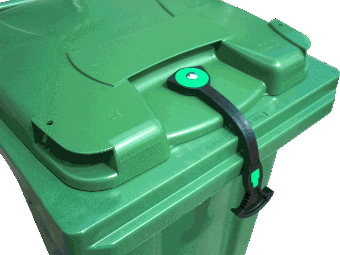 A BinStrap holding the lid on a green rubbish bin.