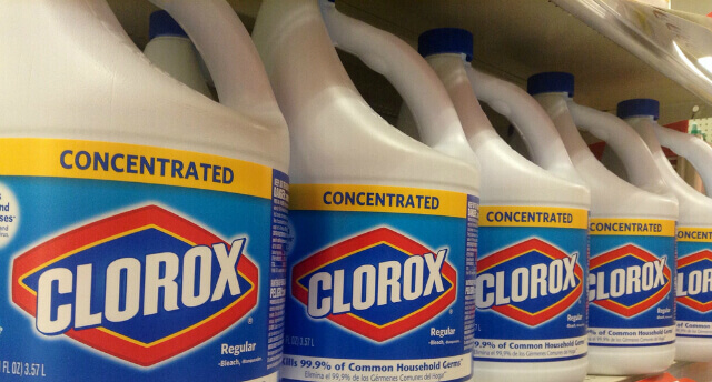 Bleach bottles on a shelf